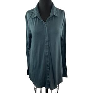 Three Dots Dark Teal Green Supima Cotton Button-Down Long Sleeve Shirt Top L LG